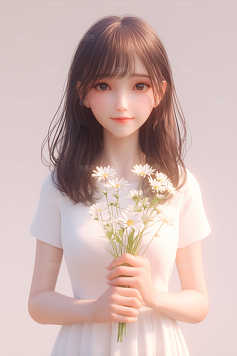 手捧鲜花的少女飞舞的裙摆春天素材