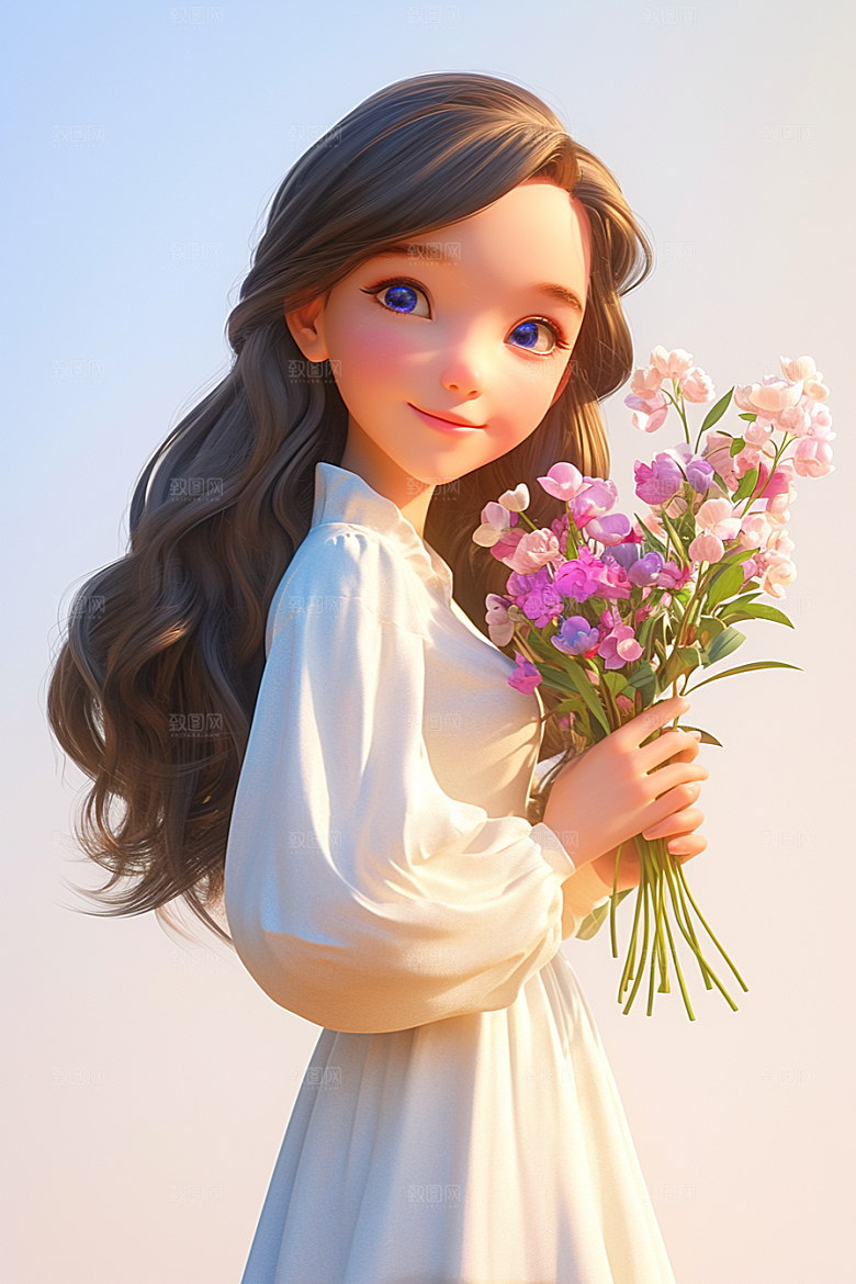 手捧鲜花的少女唯美清新素材