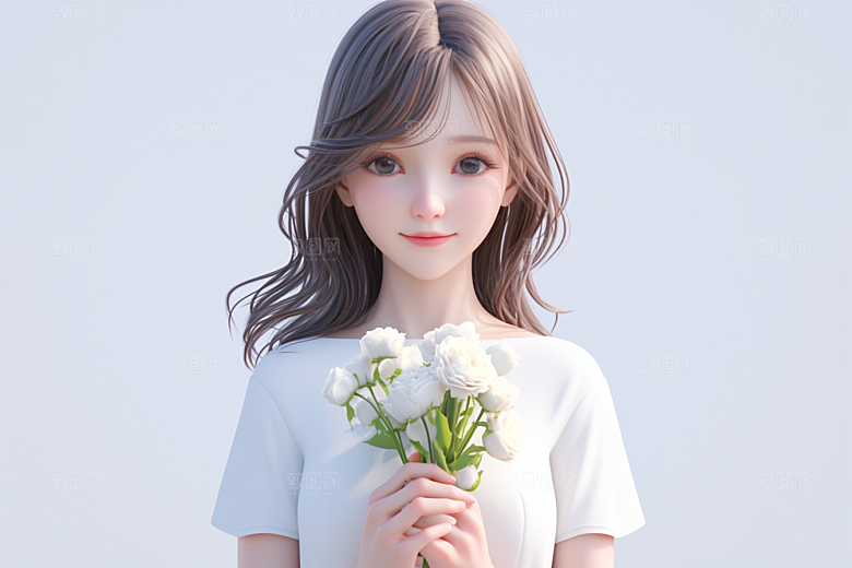 手捧鲜花的少女青春3D素材