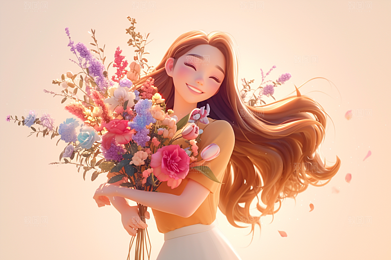 手捧鲜花的少女清新烂漫素材