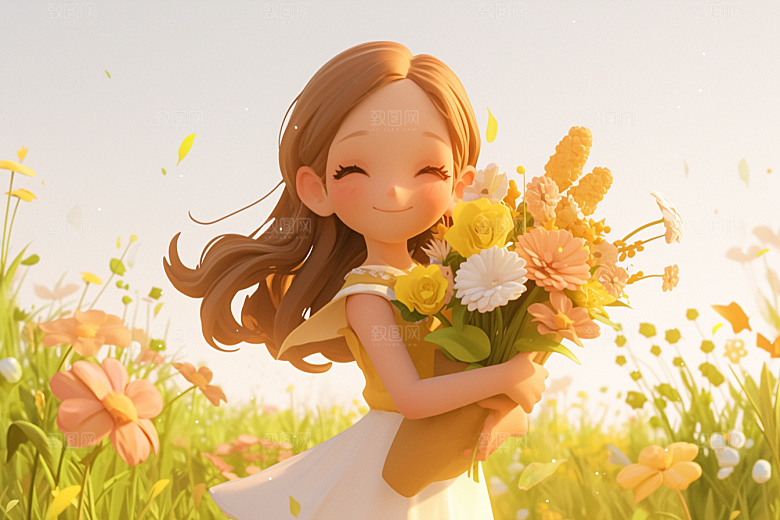 手捧鲜花的少女青春3D素材