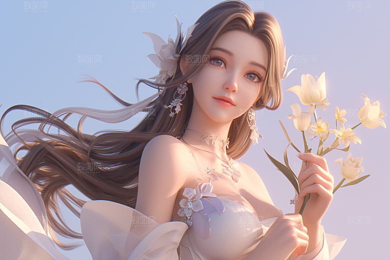 手捧鲜花的少女3D人物素材