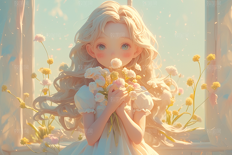 手捧鲜花的少女清新肖像素材