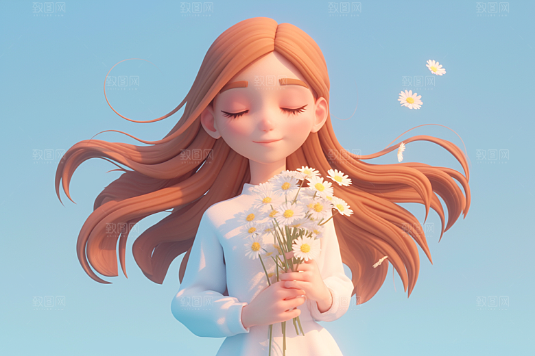 手捧鲜花的少女青春花朵素材