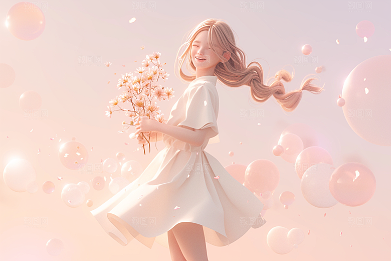 手捧鲜花的少女肖像春天素材