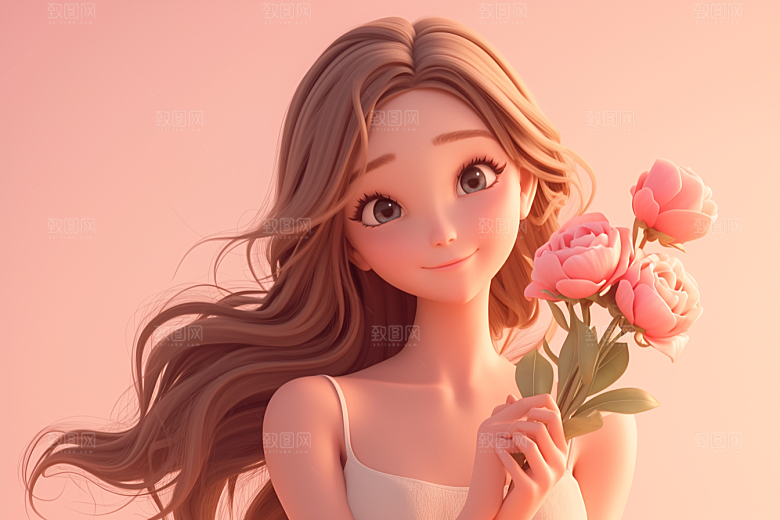手捧鲜花的少女烂漫梦幻素材