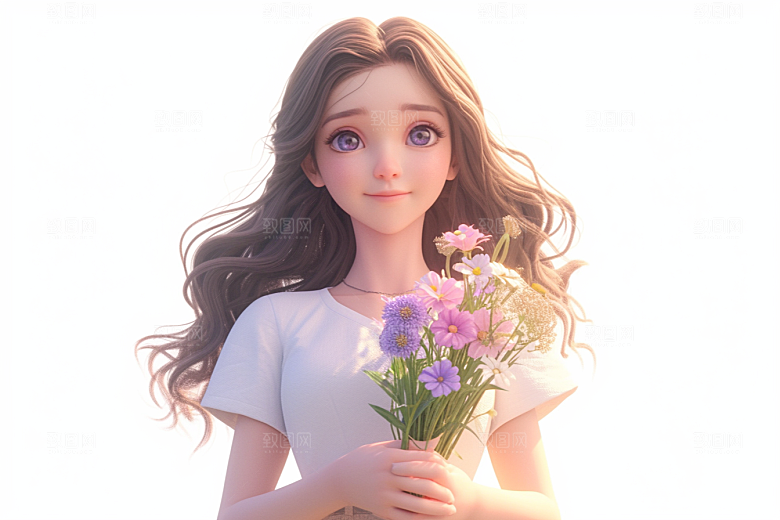 手捧鲜花的少女青春自然素材