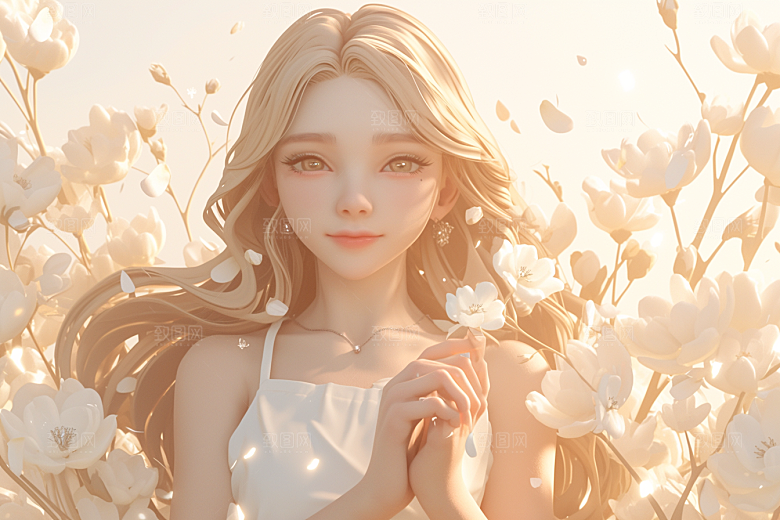 手捧鲜花的少女3D春天素材