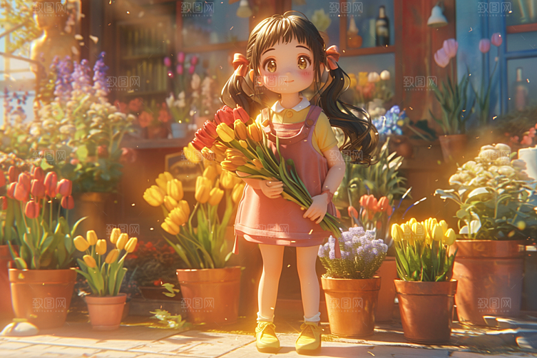 手捧鲜花的少女肖像春天素材