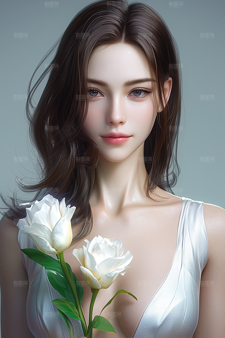 手捧鲜花的少女飞舞的裙摆模型素材