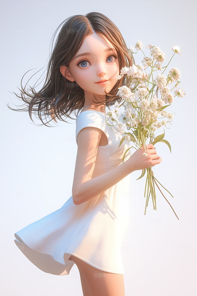 手捧鲜花的少女自然清新素材