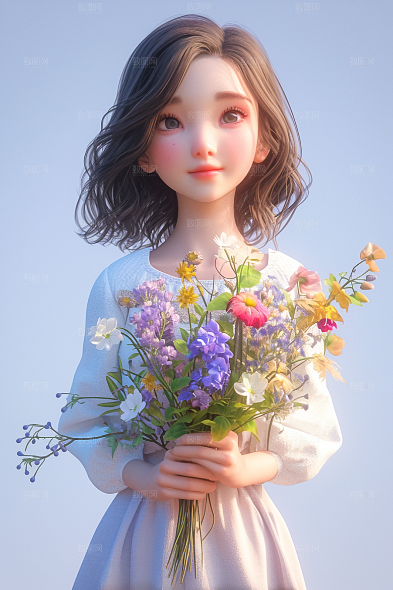 手捧鲜花的少女梦幻飞舞的裙摆素材