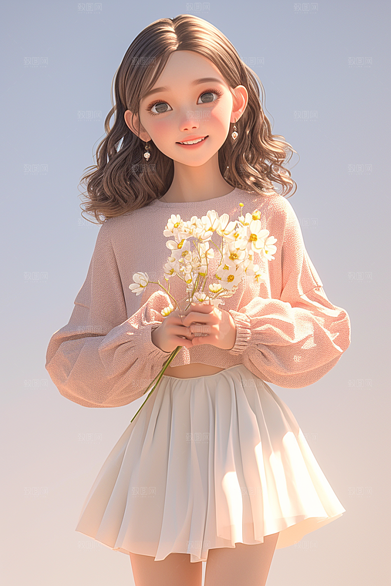 手捧鲜花的少女清新肖像素材