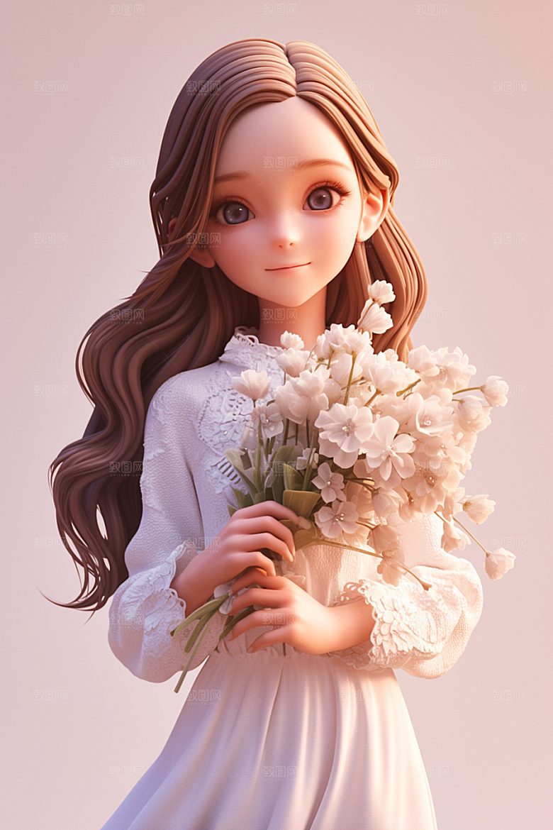 手捧鲜花的少女3D花朵素材