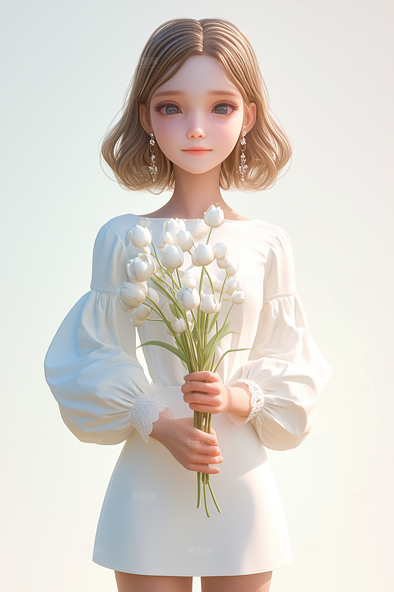 手捧鲜花的少女自然立体素材