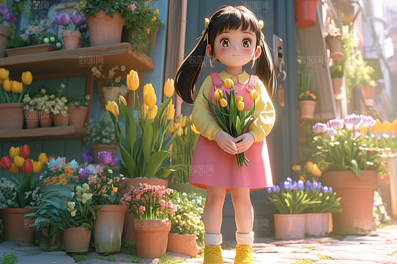 手捧鲜花的少女人物清新素材