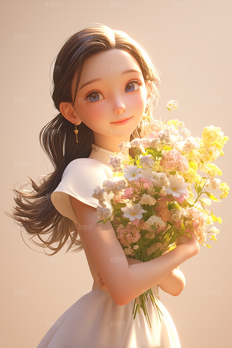 手捧鲜花的少女烂漫梦幻素材