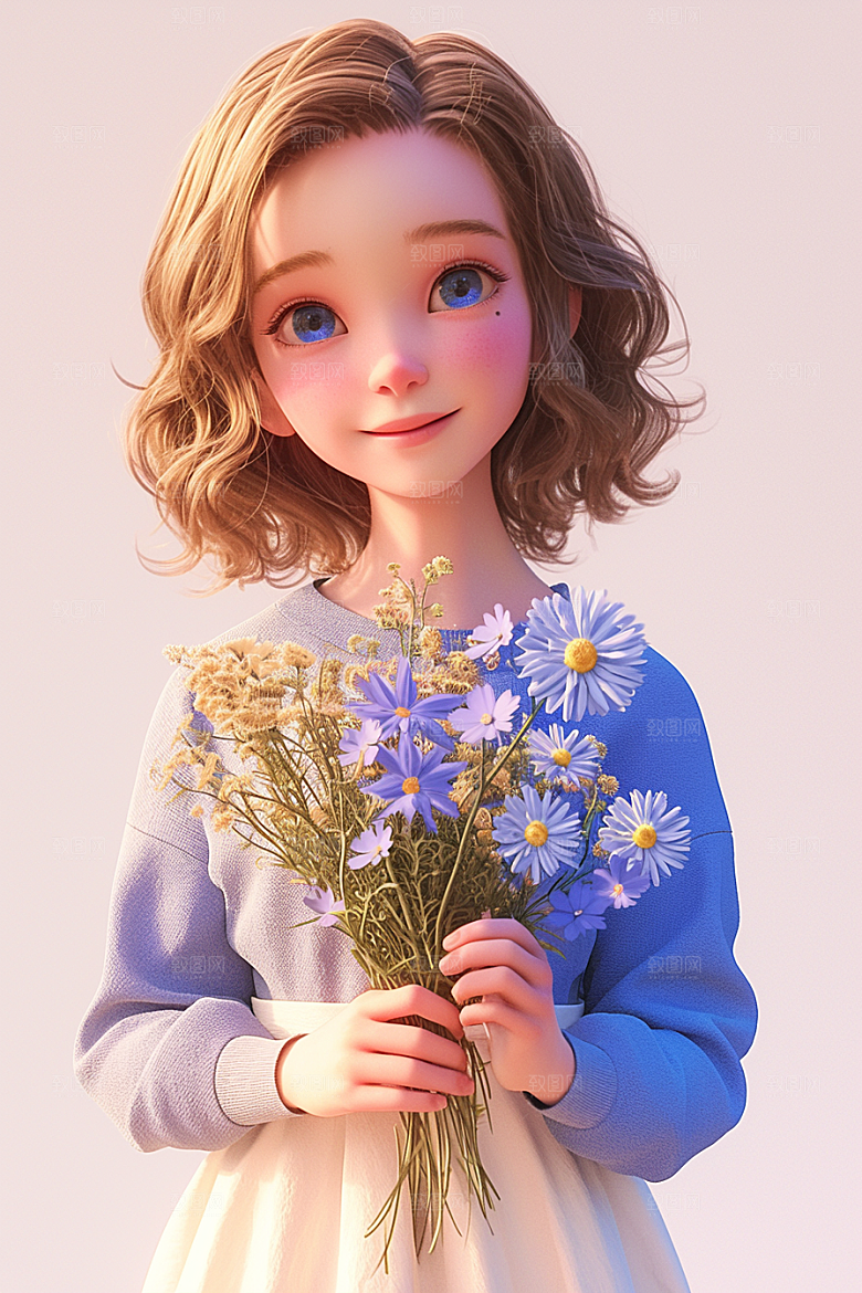 手捧鲜花的少女烂漫唯美素材