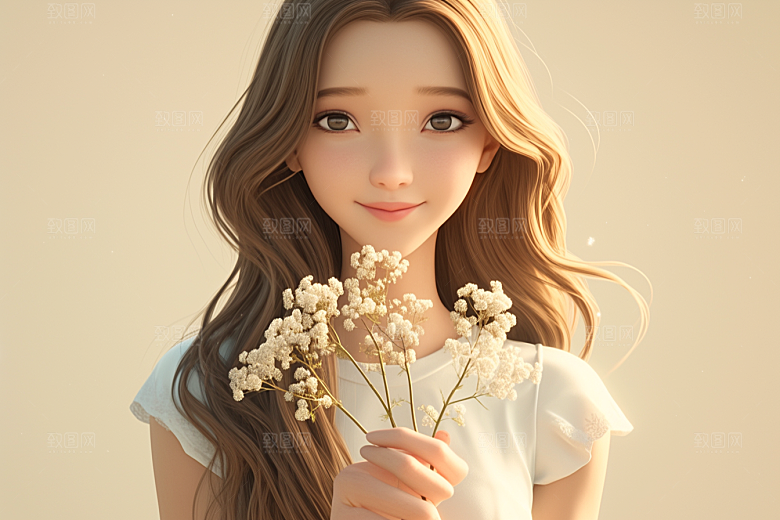 手捧鲜花的少女自然3D素材