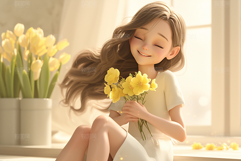 手捧鲜花的少女自然3D素材