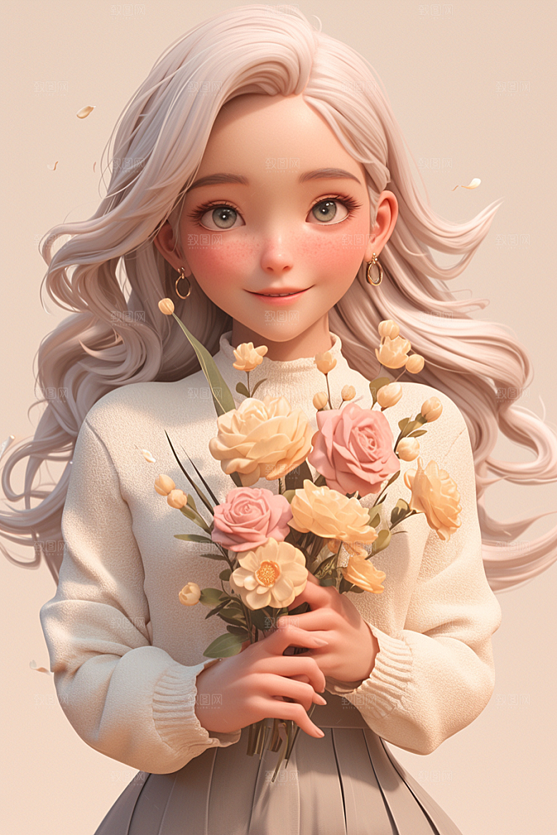 手捧鲜花的少女唯美春天素材