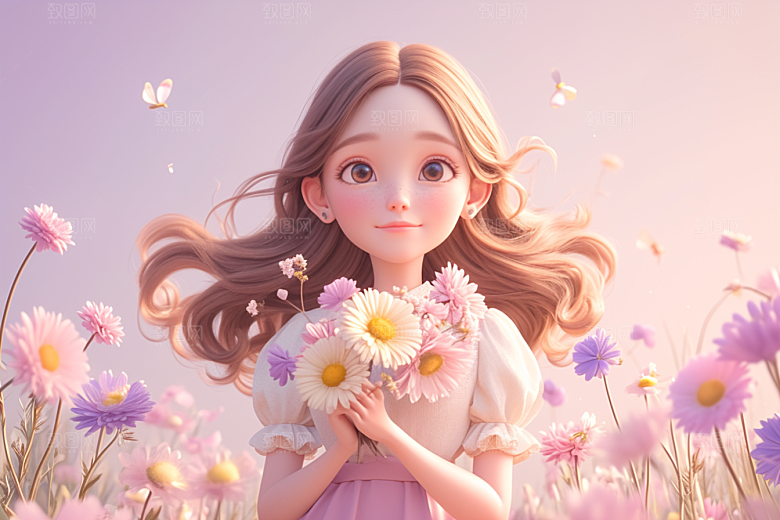 手捧鲜花的少女肖像梦幻素材