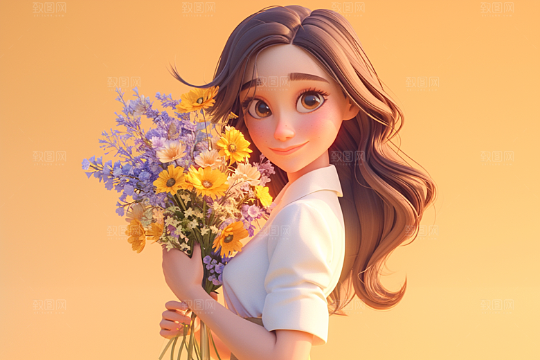 手捧鲜花的少女花朵梦幻素材