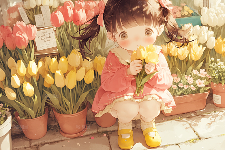 手捧鲜花的少女花朵肖像素材
