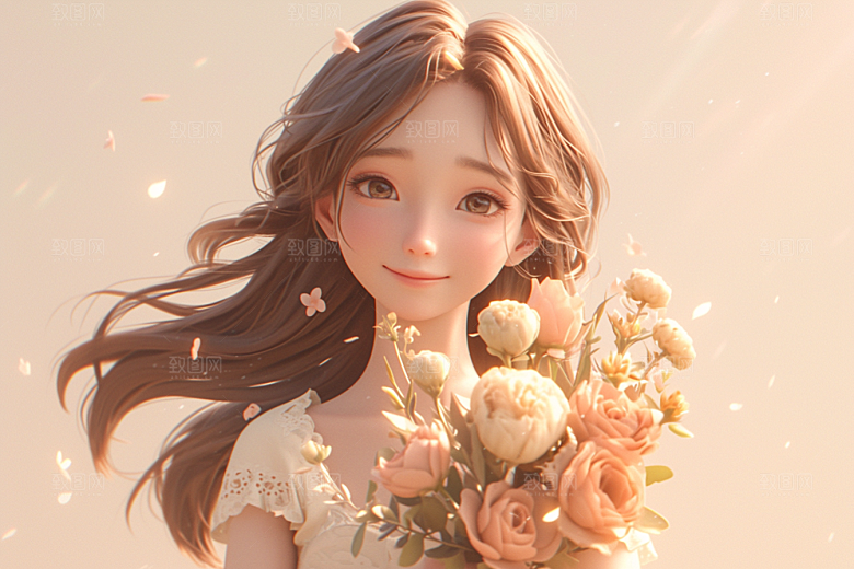 手捧鲜花的少女花朵人物素材