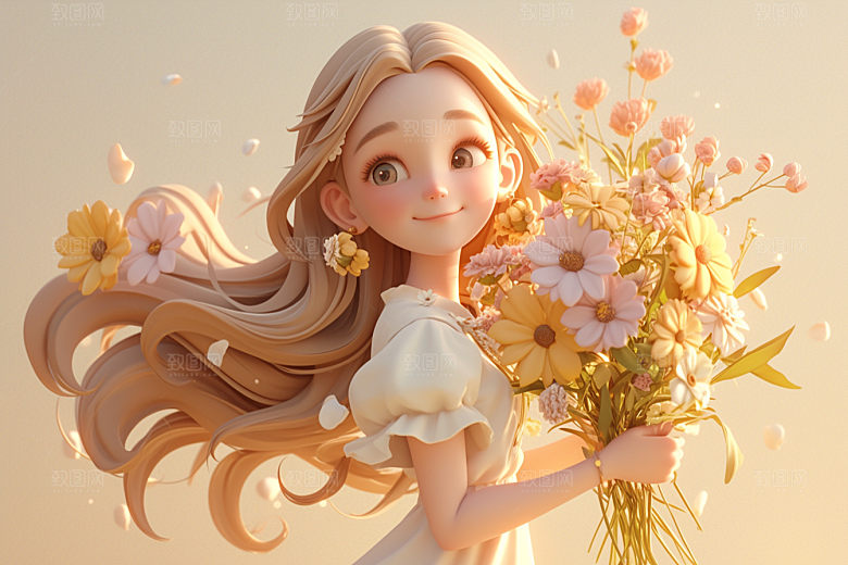 手捧鲜花的少女自然立体素材