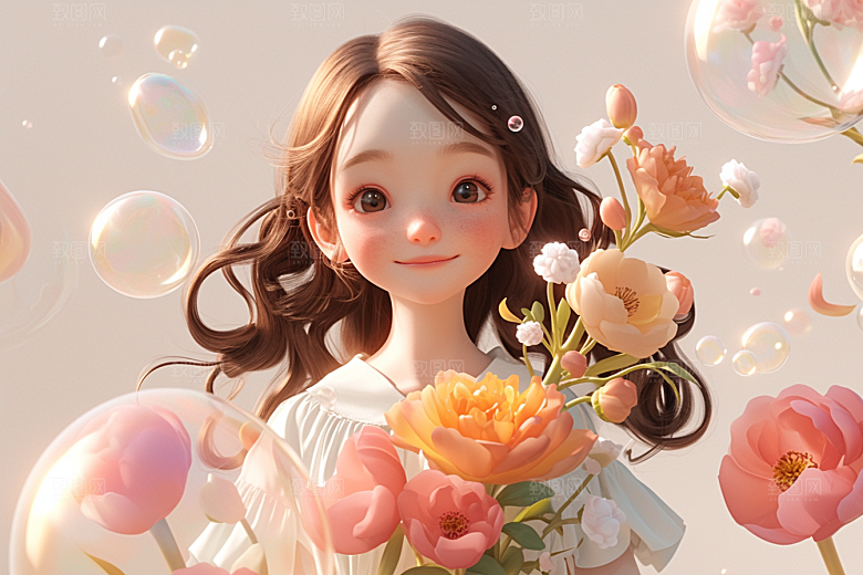 手捧鲜花的少女模型肖像素材