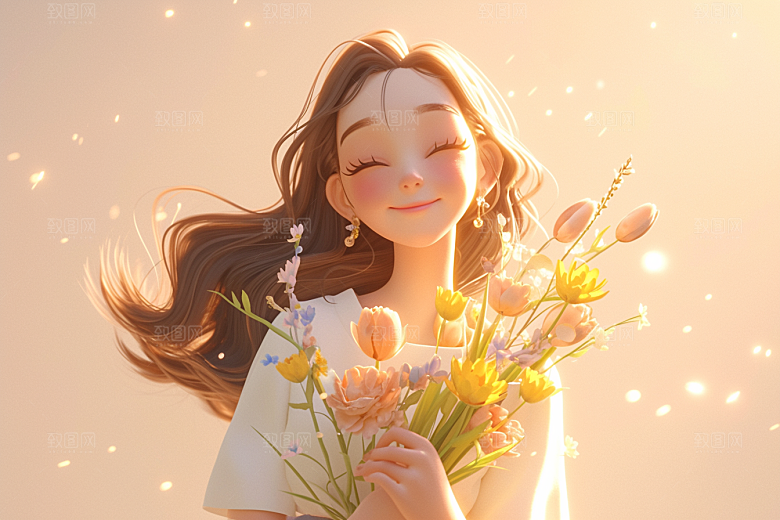 手捧鲜花的少女清新肖像素材