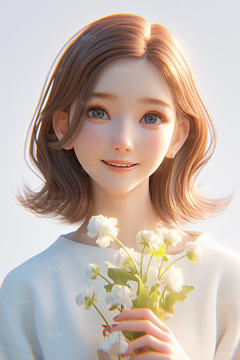 手捧鲜花的少女3D唯美素材