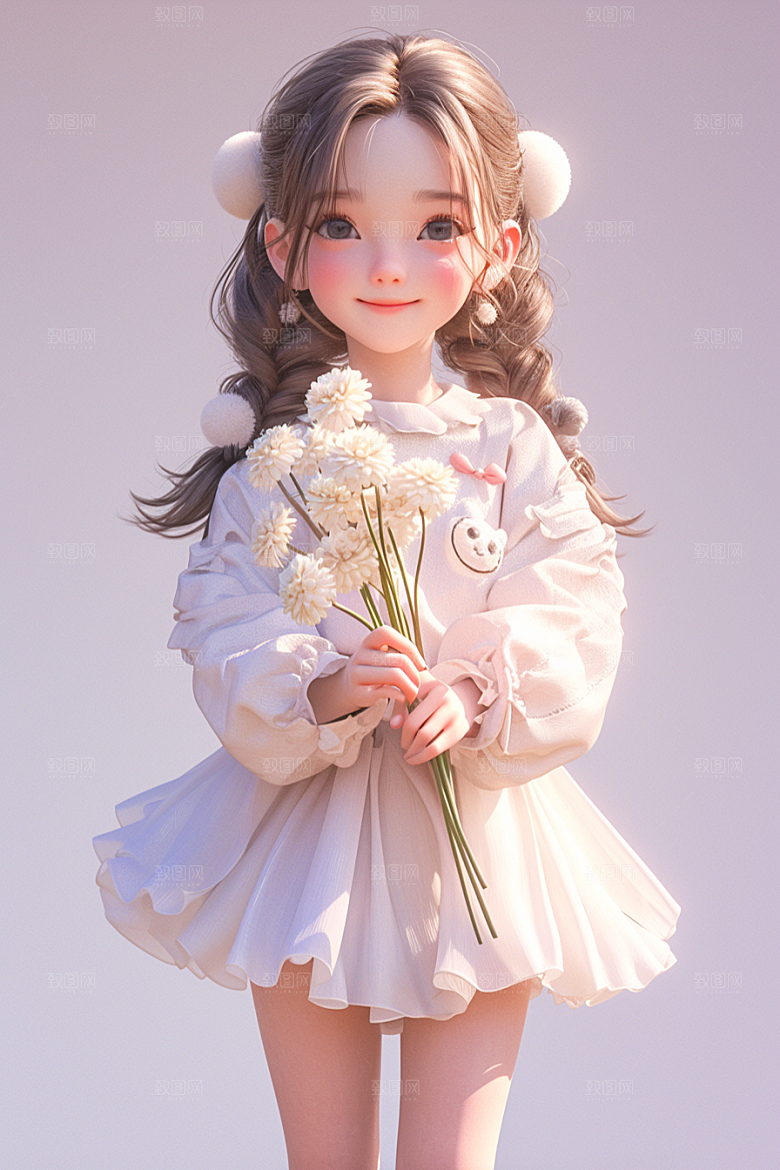 手捧鲜花的少女立体肖像素材