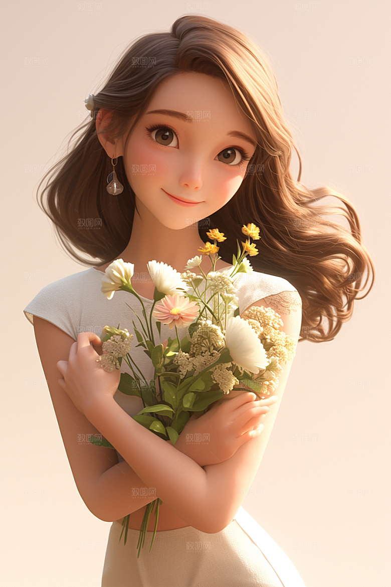 手捧鲜花的少女唯美青春素材