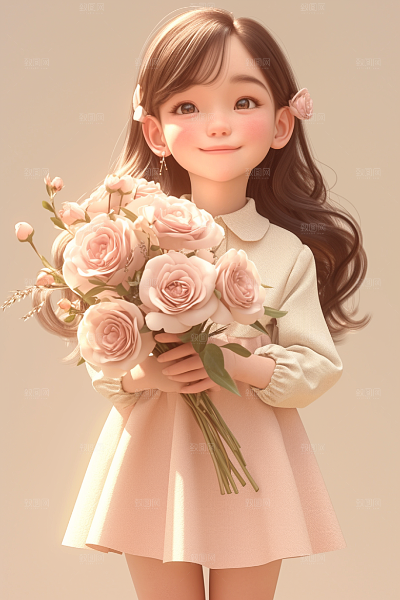 手捧鲜花的少女清新自然素材