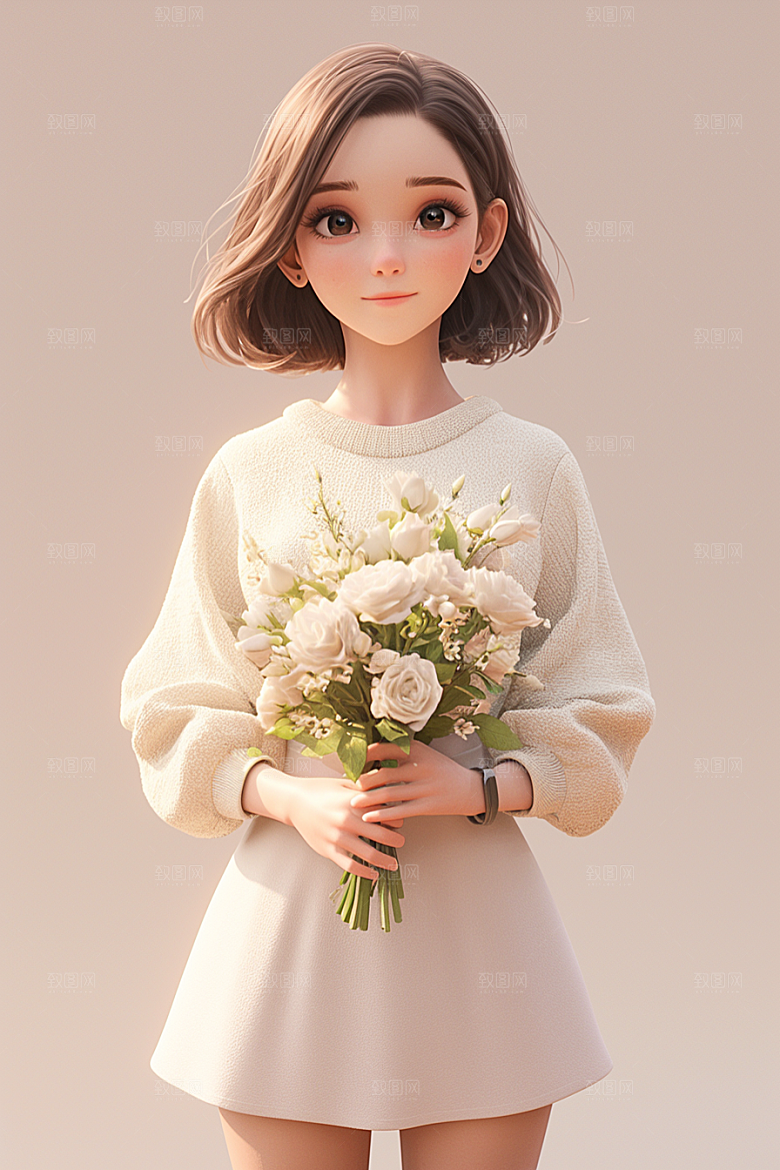 手捧鲜花的少女模型唯美素材
