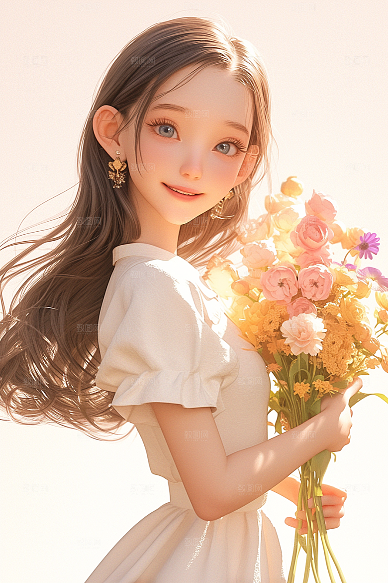 手捧鲜花的少女3D青春素材