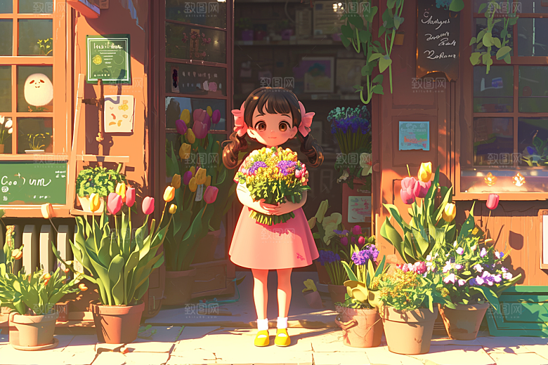 手捧鲜花的少女立体花朵素材