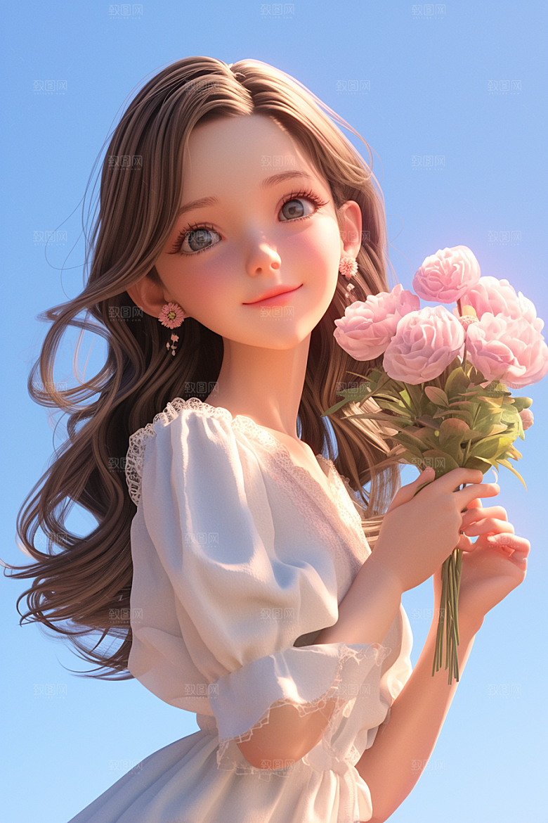 手捧鲜花的少女自然3D素材