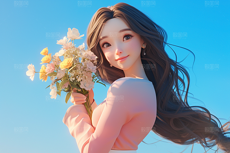 手捧鲜花的少女春天清新素材