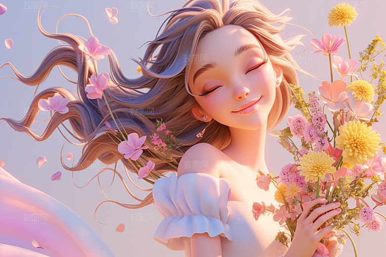 手捧鲜花的少女立体自然素材