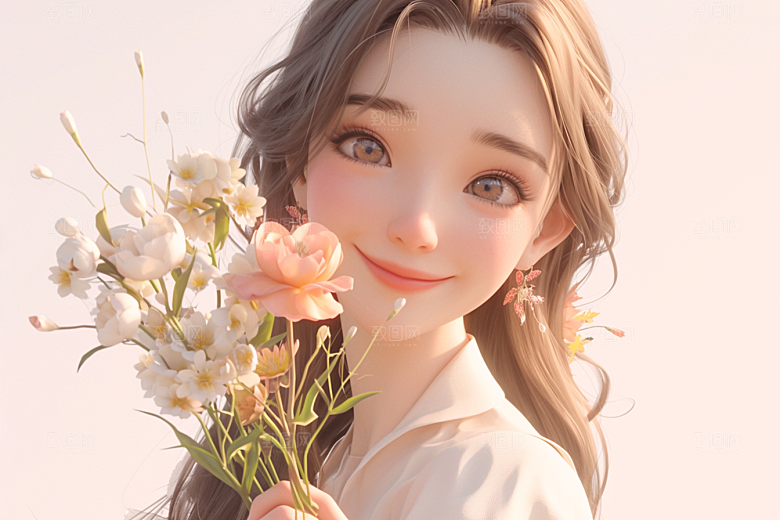 手捧鲜花的少女模型飞舞的裙摆素材