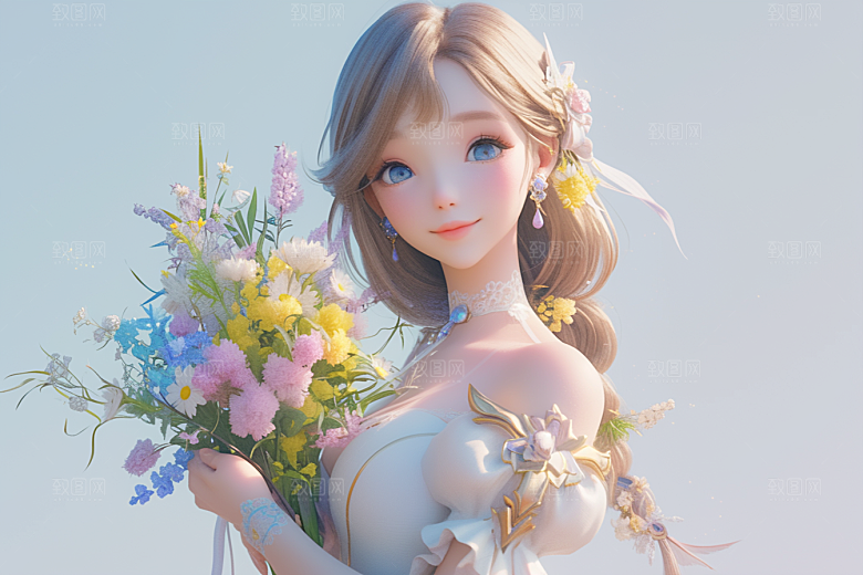 手捧鲜花的少女人物花朵素材