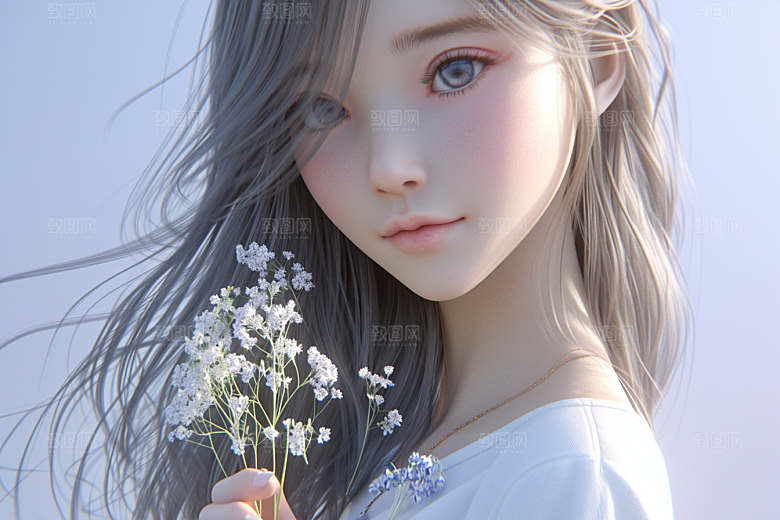 手捧鲜花的少女春天3D素材