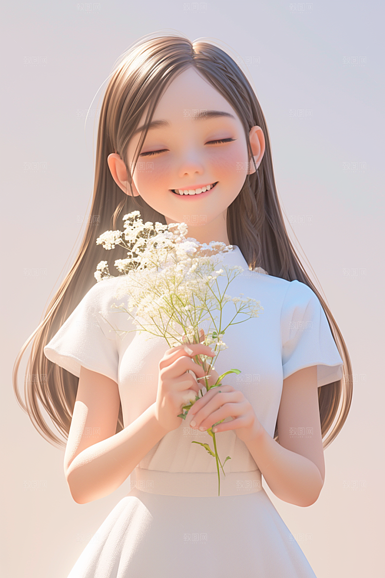 手捧鲜花的少女花朵飞舞的裙摆素材