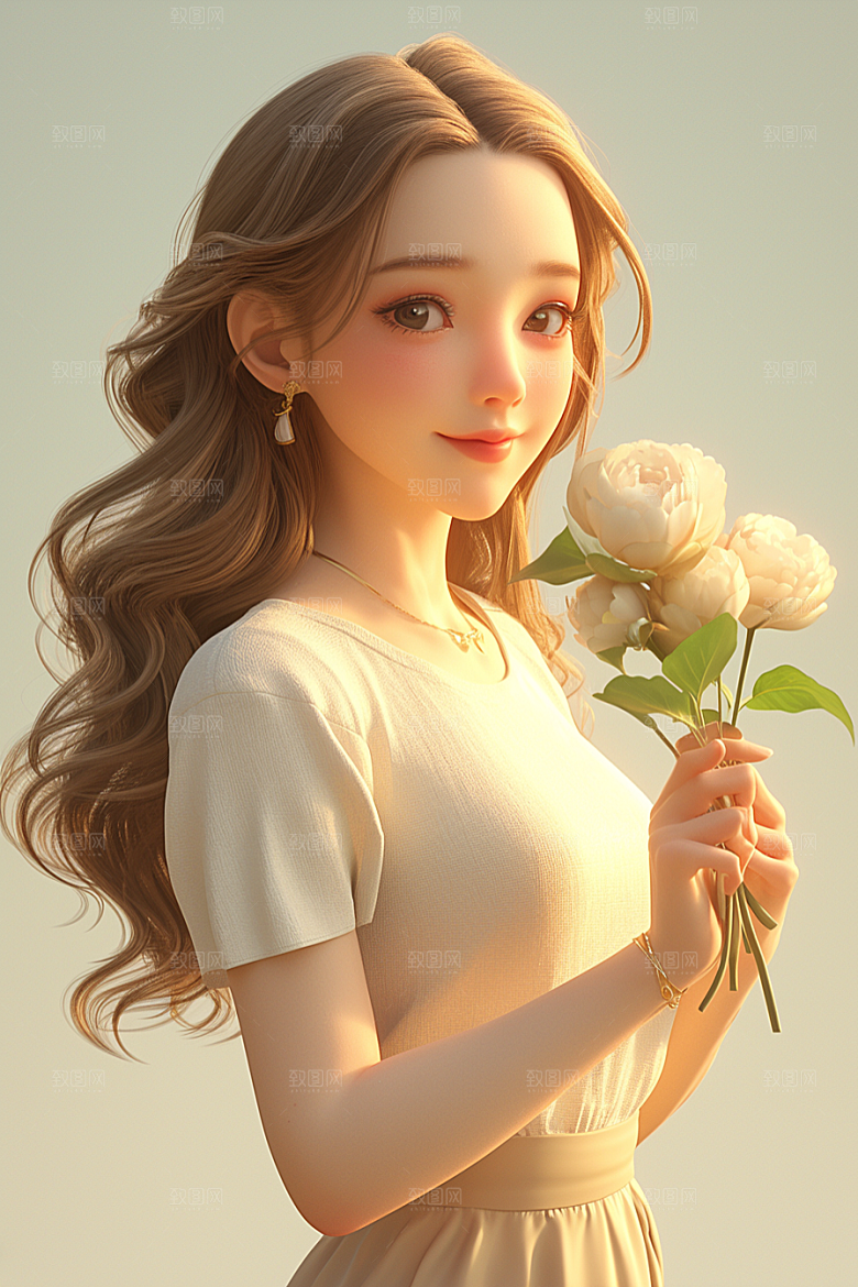 手捧鲜花的少女人物清新素材
