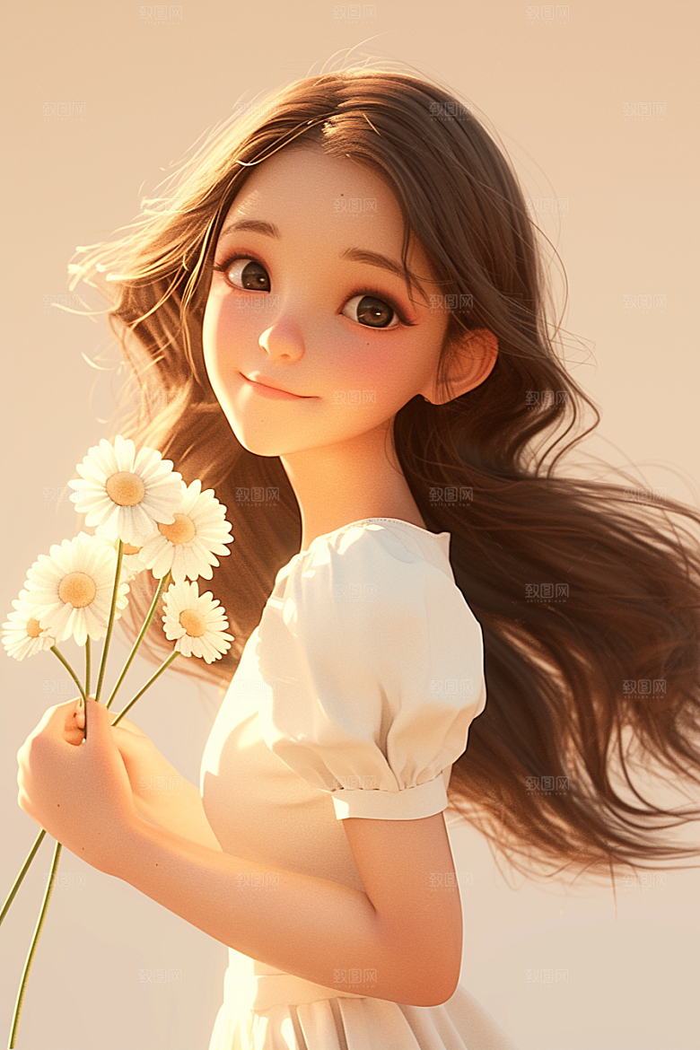 手捧鲜花的少女烂漫青春素材