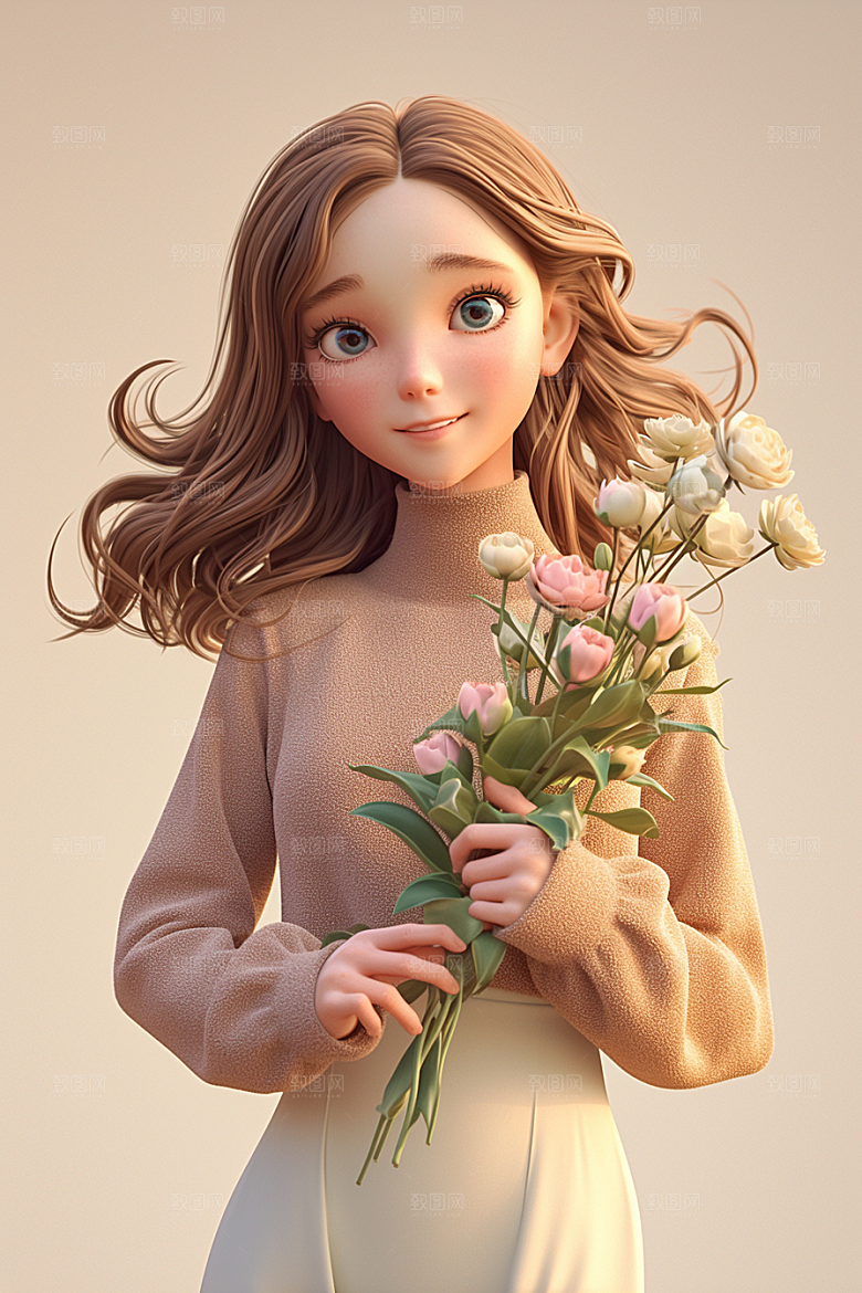 手捧鲜花的少女肖像人物素材