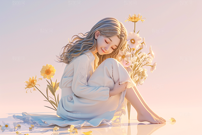 手捧鲜花的少女梦幻唯美素材